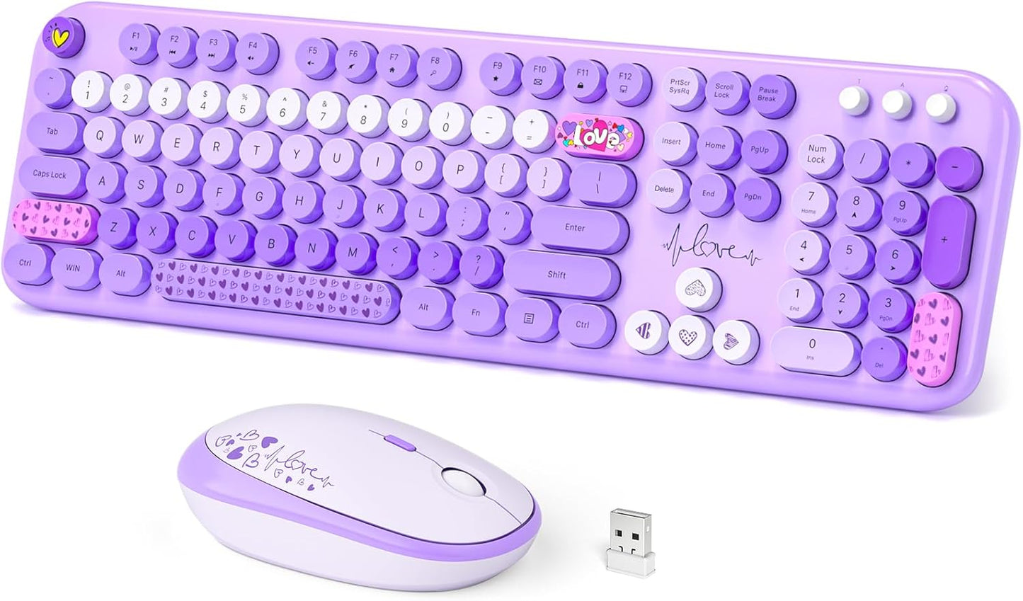 Wireless Keyboard and Mouse Combo, Full Size Retro Keyboard with Number Pad and 2 in 1 USB Connected Mouse for Windows 7/8/10, Laptop, Desktop, PC, Computer (Purple Colorful)