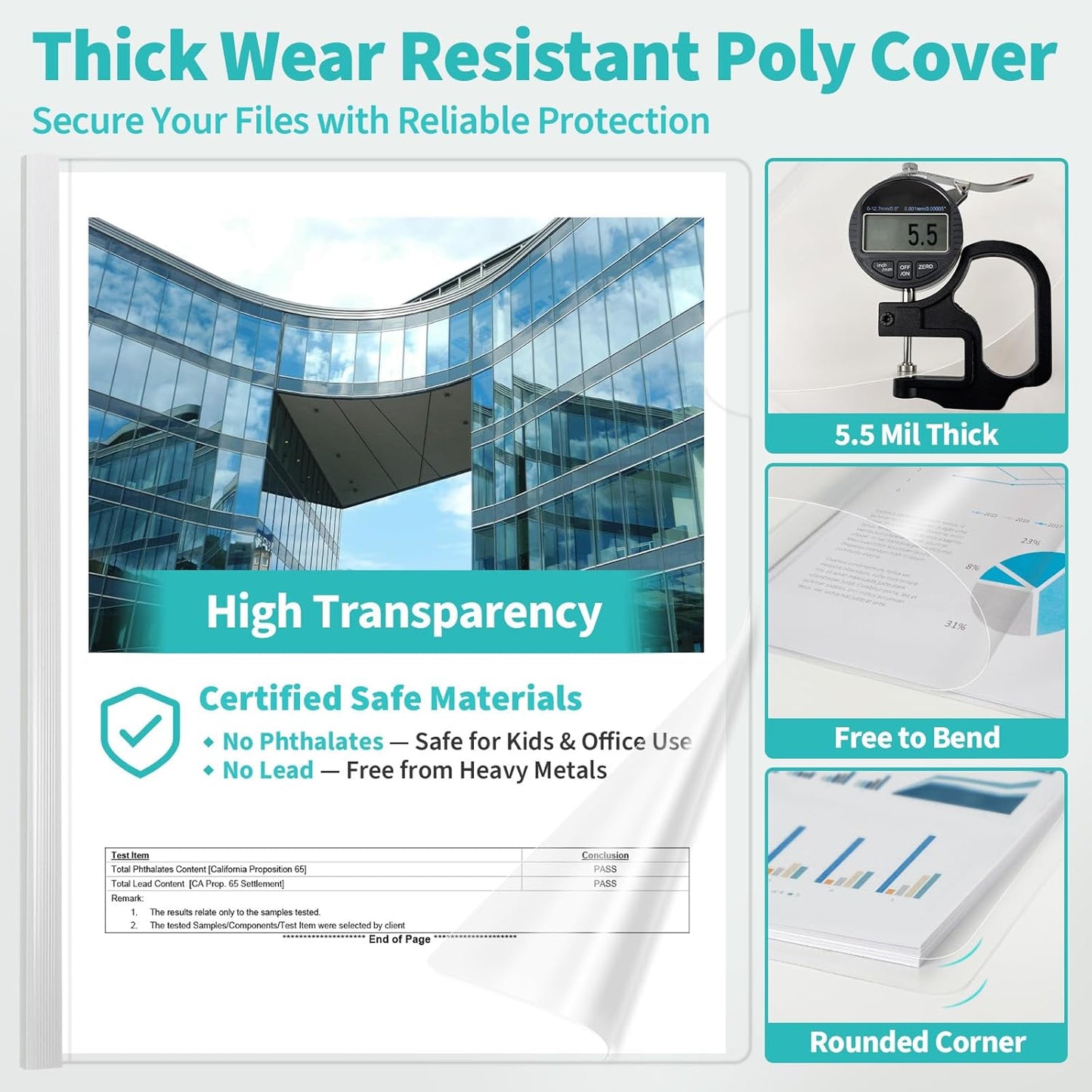 Binditek 40 Pack Clear Report Covers with Sliding Bars, 70 Sheet Capacity, 9mm Sliding Bar File Folder, Letter Size, 5.5 Mil Thick, 5 Assorted Colors, for Students and Coworkers