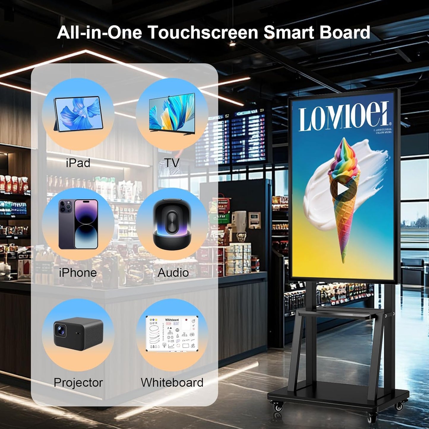 Smart Board 55 Inch, 8+64GB Interactive Whiteboard Google EDLA Certified Rotating Touch Screen, Screen Mirroring for Live Streaming, Classroom, Home and Business (Wall Mount Included)