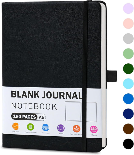 EOOUT Blank Journal Notebook for Women Men, 5.7'' X 8.3'' 160 Pages 100gsm Paper Black Leather Hardcover Notebooks, A5 College Blank Paper with Pen Loop Notebook for Student, Office, School