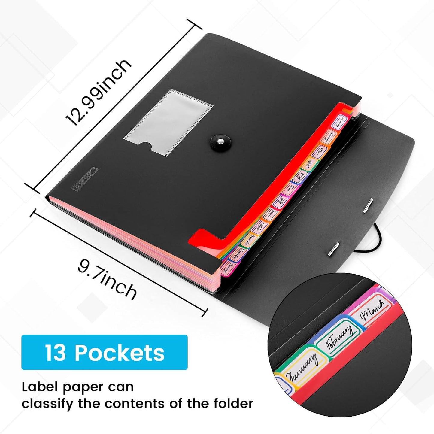 13 Pocket Expanding File Folder Accordian File Organizer, A4 Letter Size Paper Document Receipt Holder for School Office Supplies, Black