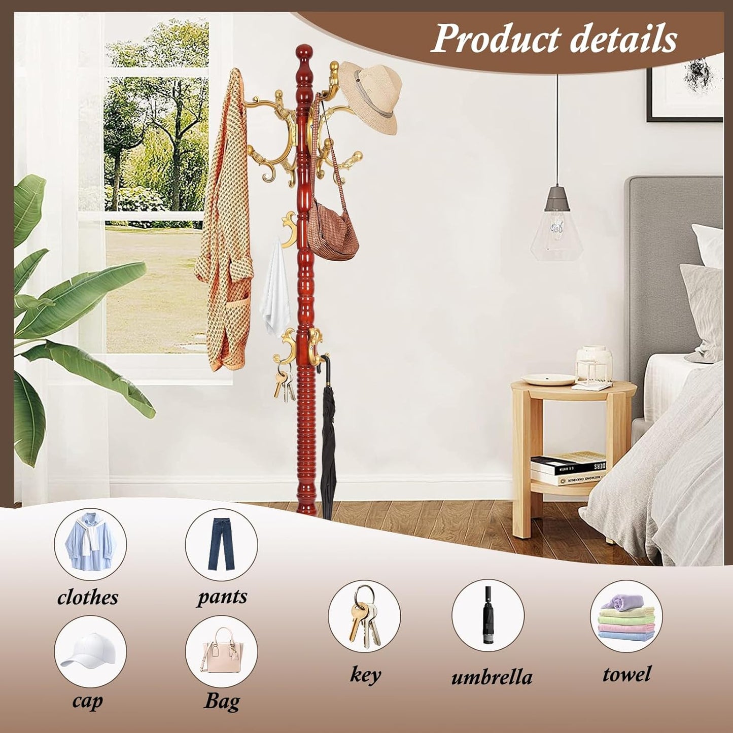 Wooden Coat Rack Freestanding, Vintage Coat Racks with Sturdy Round Base, Adjustable Height 37.40"-72.83" Entrance Coat Rack for Bedroom Living Room Entryway (Solid wood Begonia)