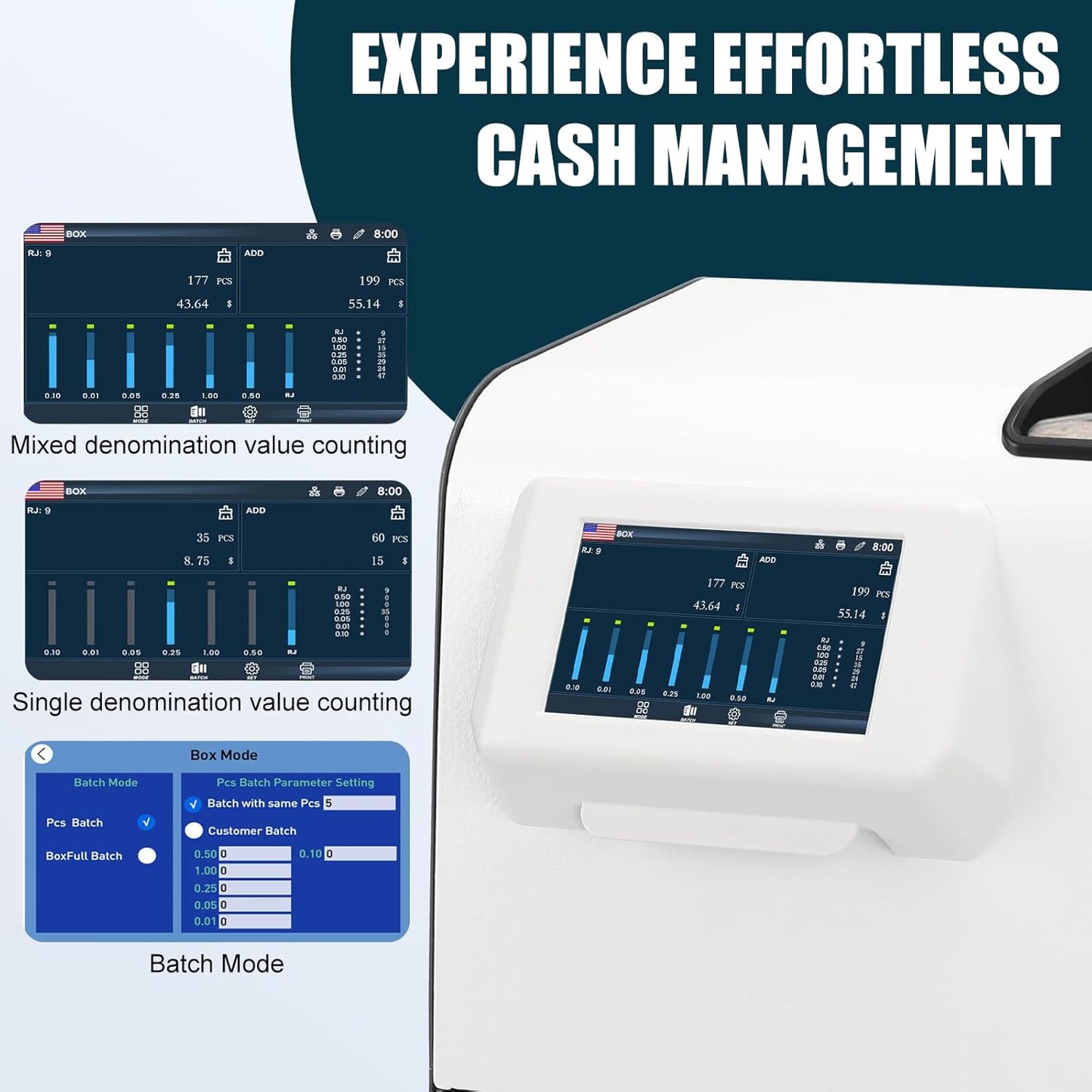 NUCOUN C200 Coin Counter Bank Grade, Heavy Duty 3-Pocket USD Coin Sorter,4.3-inch Touch Screen,High Speed 610 Coins/min, Printer Enable, Two-Year After Service