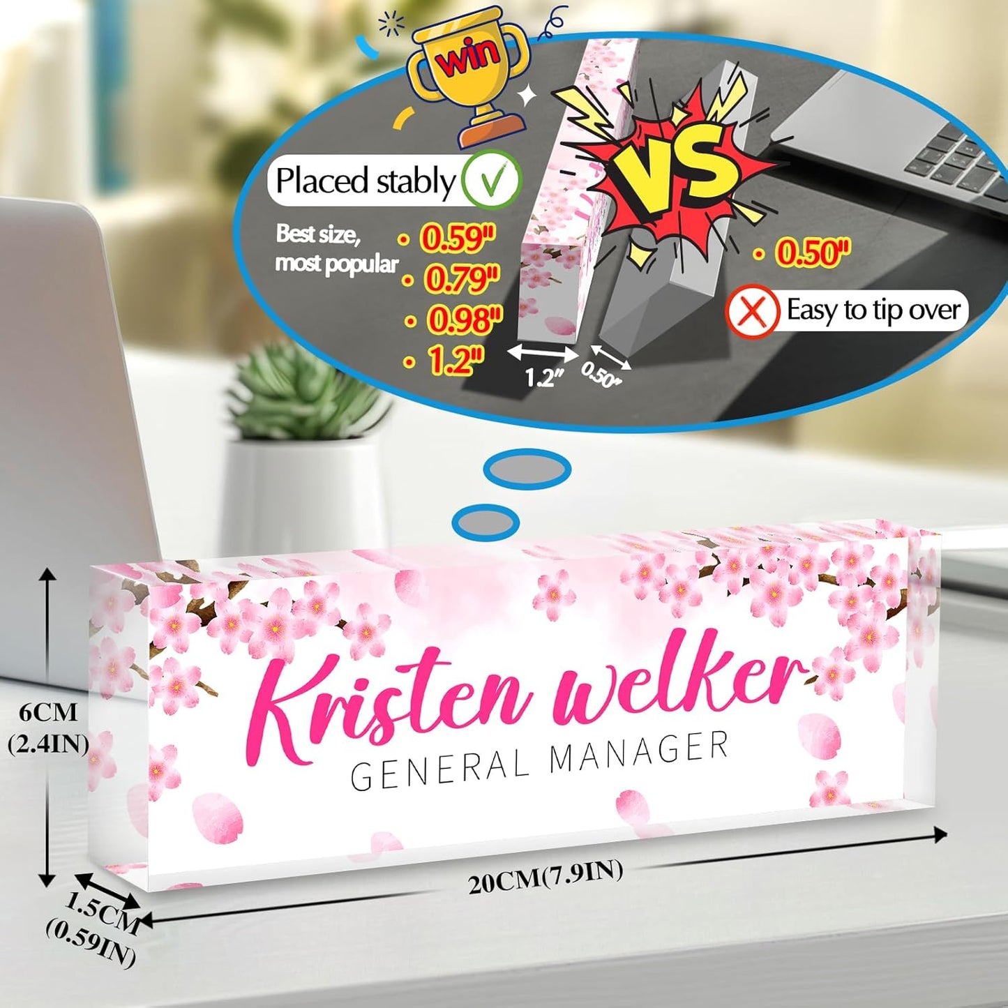 Personalized Name Plate for Desk - Custom Engraved Name Plates for Woman - Boss Day Gifts for Ladies- Pink Office Decor Appreciation Gifts for Teacher Nurse Coworker Social Worker (cherry blossom)