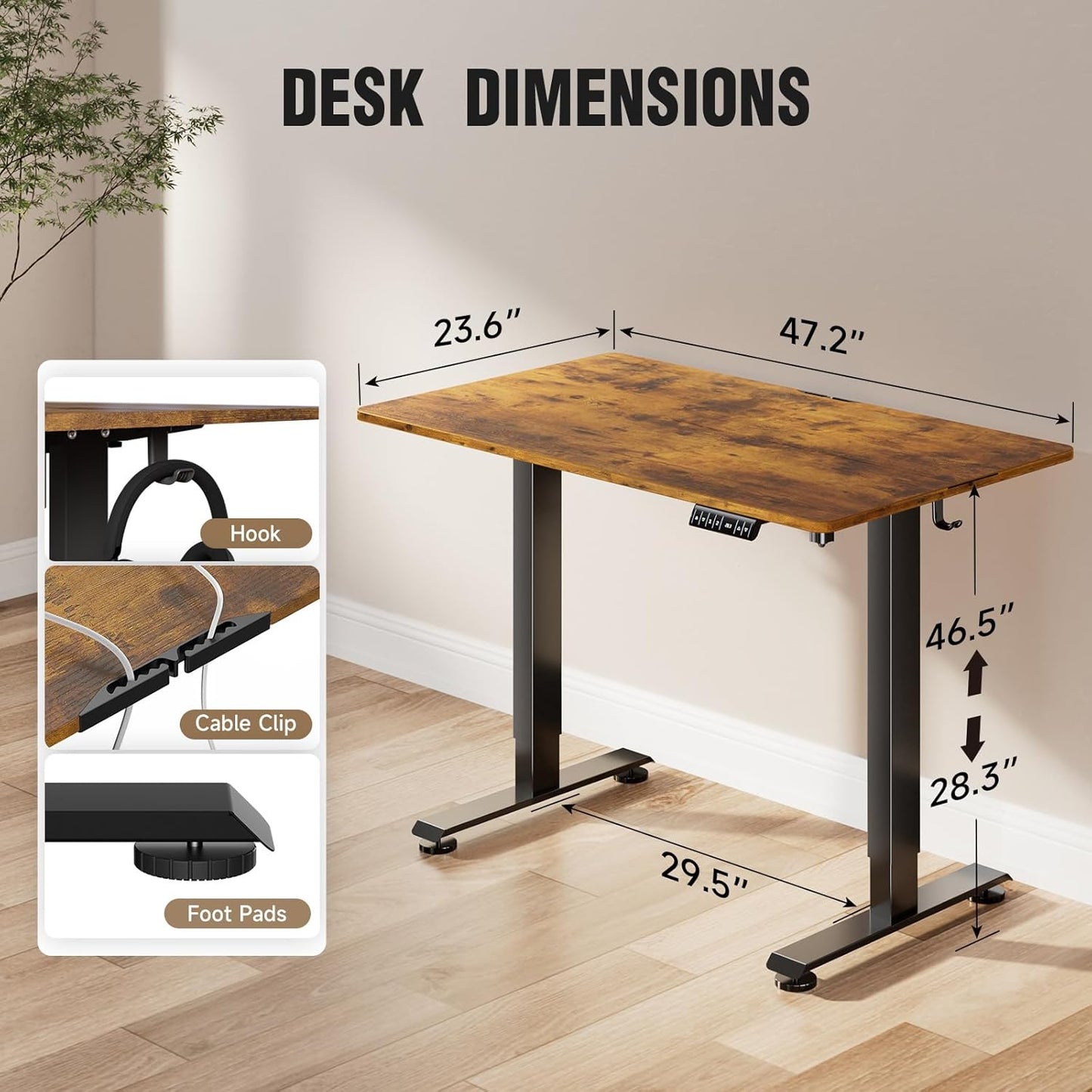 Veken 47.2" Standing Desk, Adjustable Height Office Desk with Wood Desktop, Computer Table for Home Work, Study and Gaming, Small Spaces, Modern Furniture，Brown