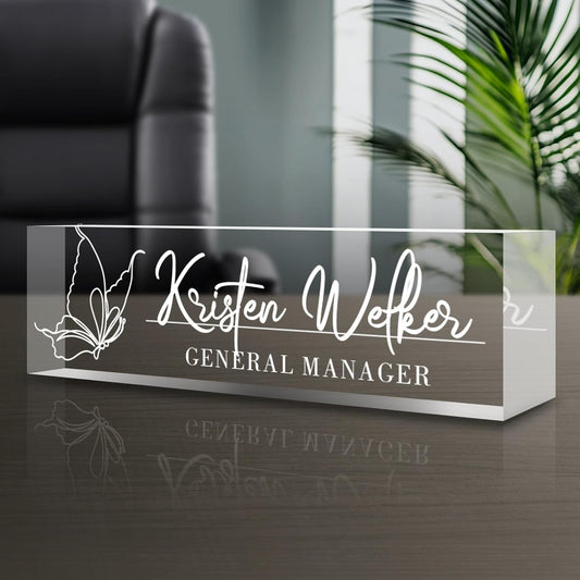 Personalized Name Plate for Desk - Custom Engraved Name Plates for Man - Boss Day Gifts for Boss - Acrylic Office Decor Appreciation Gifts for Teacher Nurse Coworker Social Worker (White Butterfly)
