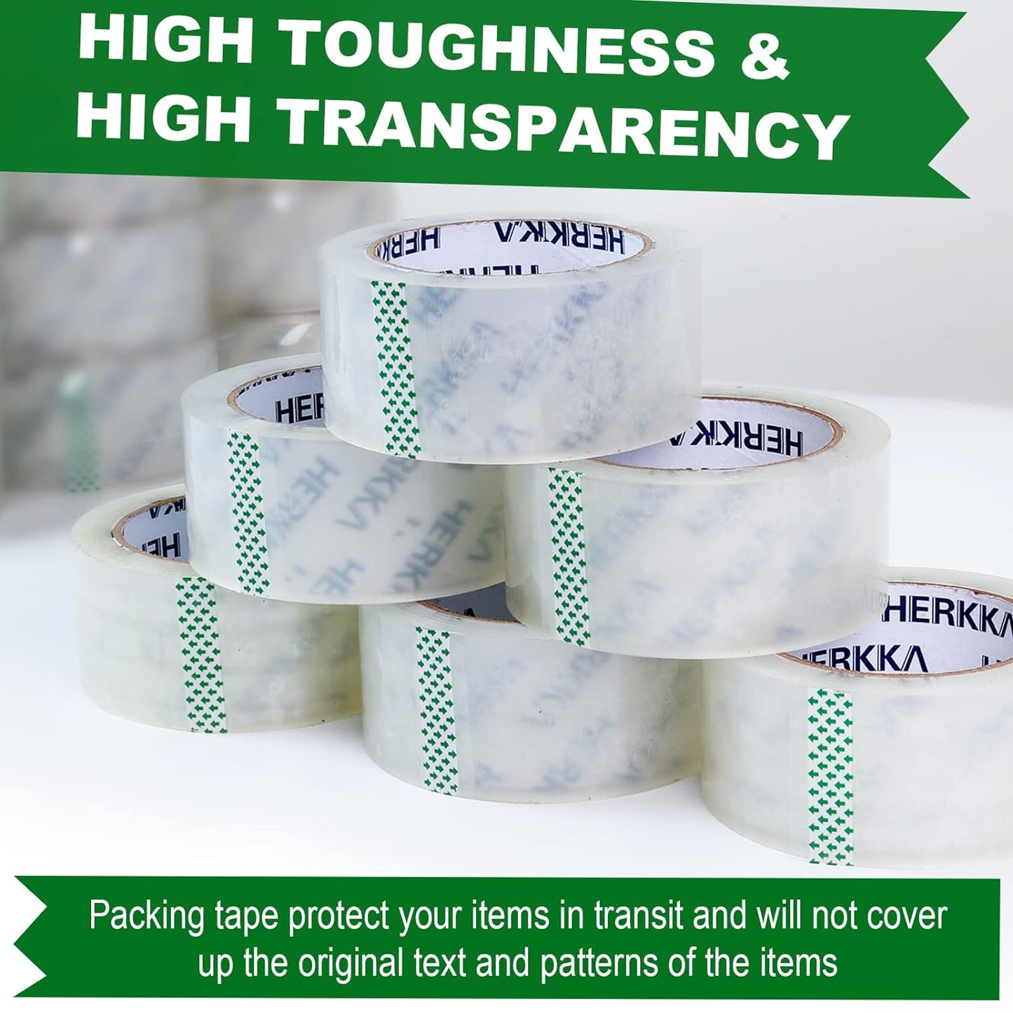 HERKKA Clear Packing Tape, 18 Rolls Heavy Duty Packaging Tape for Shipping Packaging Moving Sealing, Thicker Clear Packing Tape, 2 inches Wide, 65 Yards Per Roll, 1170 Total Yards