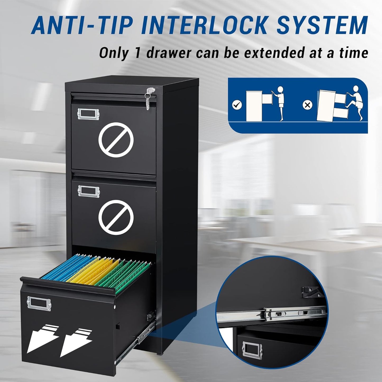 Vertical File Cabinets - 3 Drawers 17.8" Deep Lockable Filing Cabinet - Metal Storage Cabinets for Home Office to Hanging Files Letter/Legal/F4/A4 Size