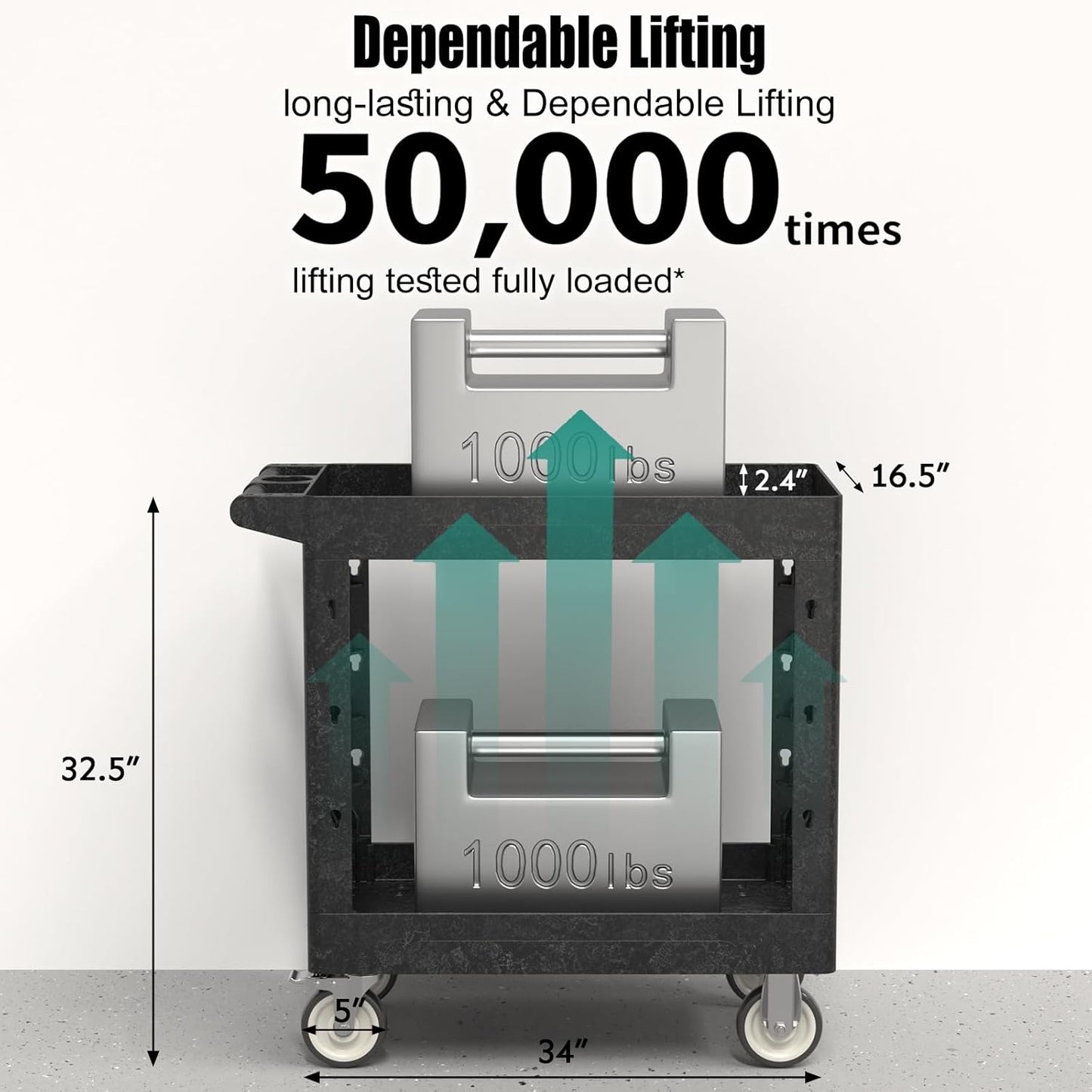 Utility Cart on Wheels, 1000 lbs Capacity Rolling Service Cart, 34 x 17 Inch Work Carts, 2 Shelf Heavy Duty Plastic Tool Cart, Lipped Shelves, for Warehouse, Garage, Cleaning, Black