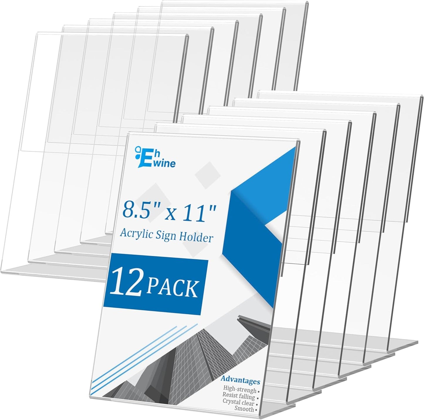 EHWINE 12 Pack Acrylic Sign Holder 8.5 x 11, L Shape Clear Plastic Display Stand, Slanted Back Picture Frame Menu Flyer Paper Display Stand up Table Top Sign Holders for Restaurant, Office and School
