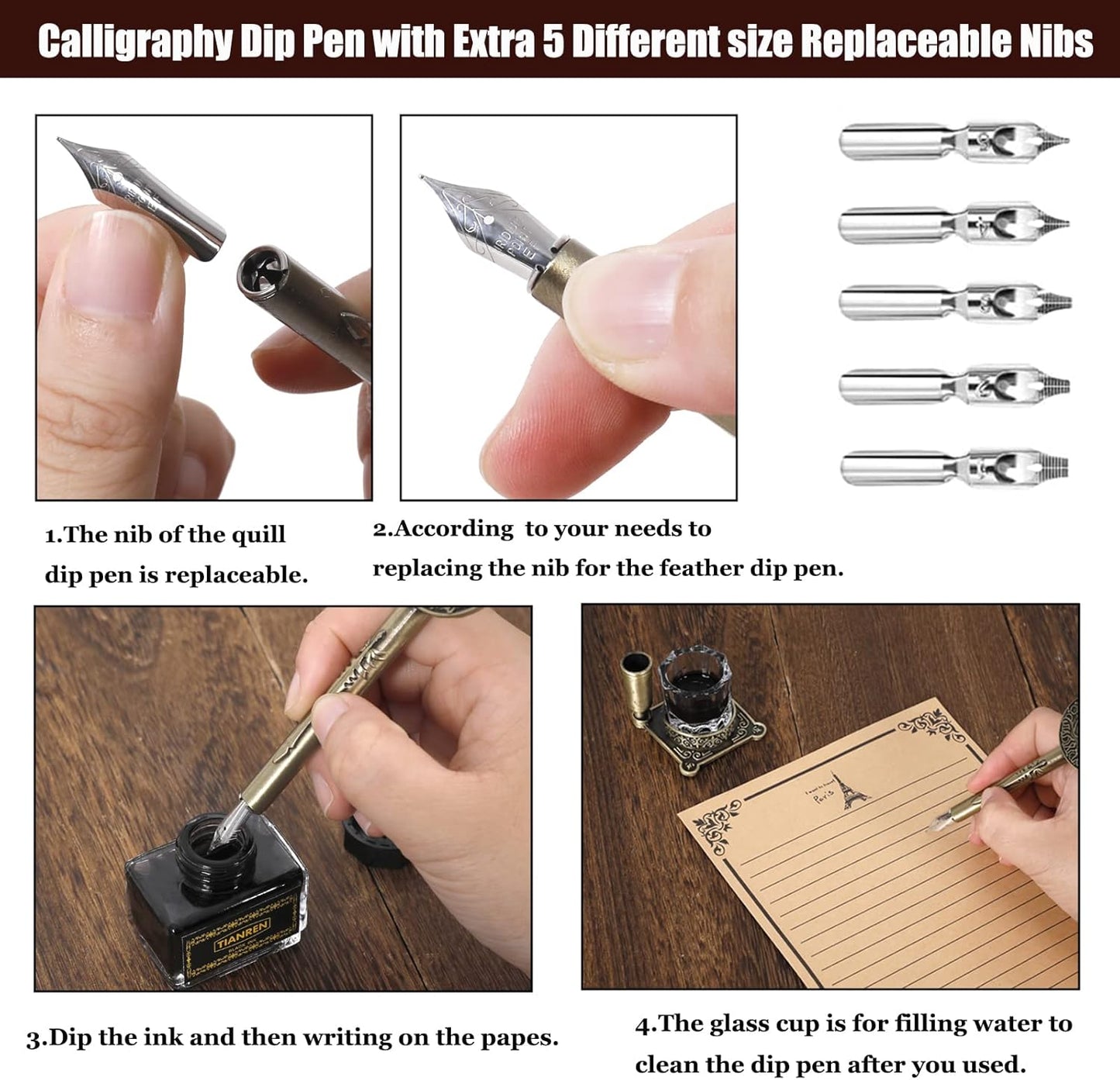 Feather Dip Pen and Ink Set,quill pen ink set,Antique Calligraphy Pen with 5 Replaceable Nibs,Wax Seal Stamp,Wax Beads &Leather Writing Notebook Christmas Gift for Men&Women.(Grey)