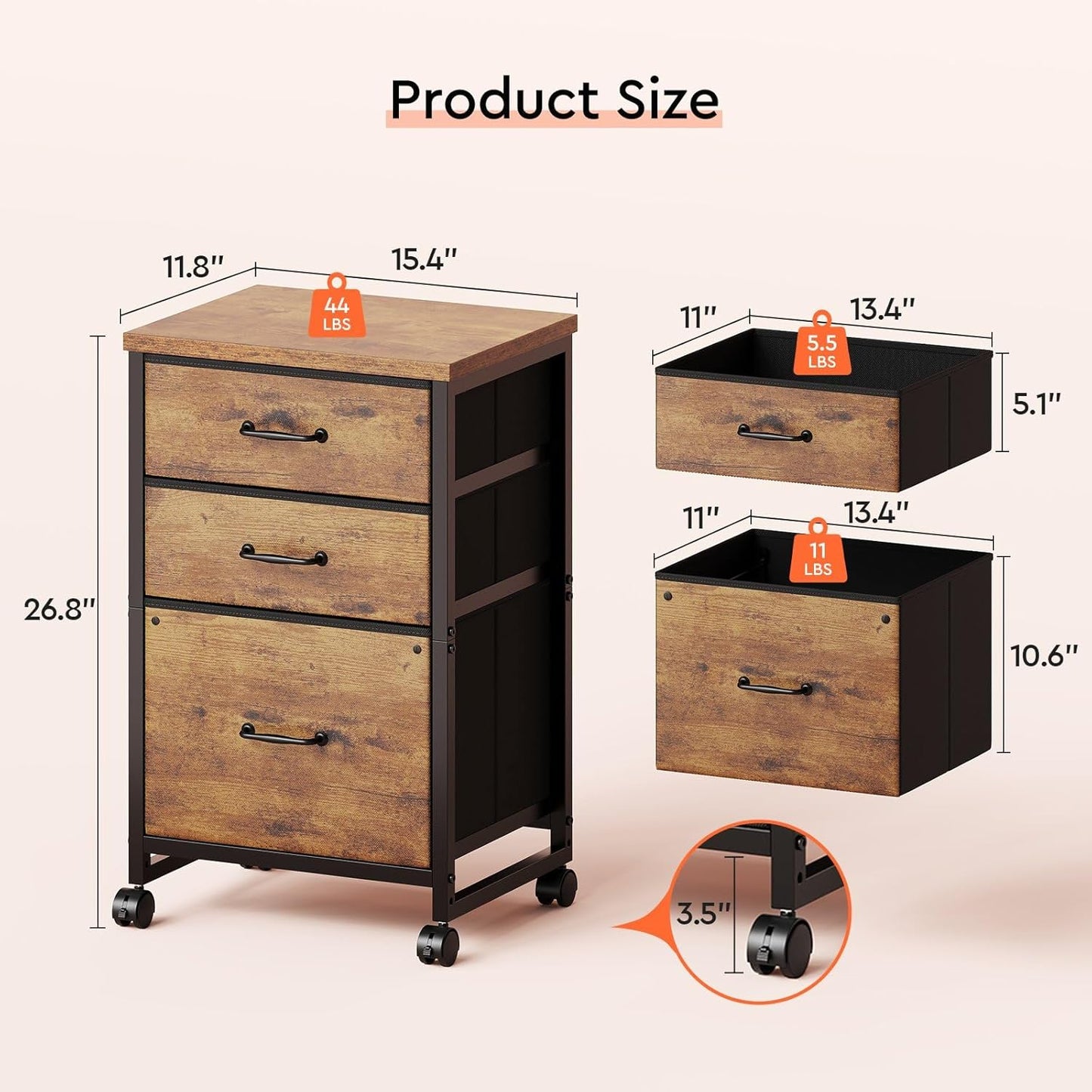 3 Drawer Mobile File Cabinet with Wheels Fabric Vertical Filing Cabinet fits A4 or Letter Size for Home Office,Rustic Brown2