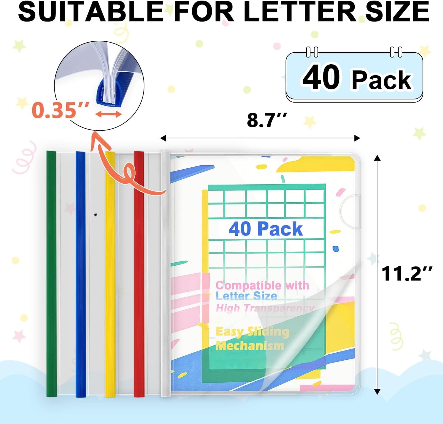 TOTiyea 40 Pack Clear Report Covers with Sliding Bars, 9mm (70 Sheet Capacity) Colorful Sliding Bar File Folders, for Letter Size