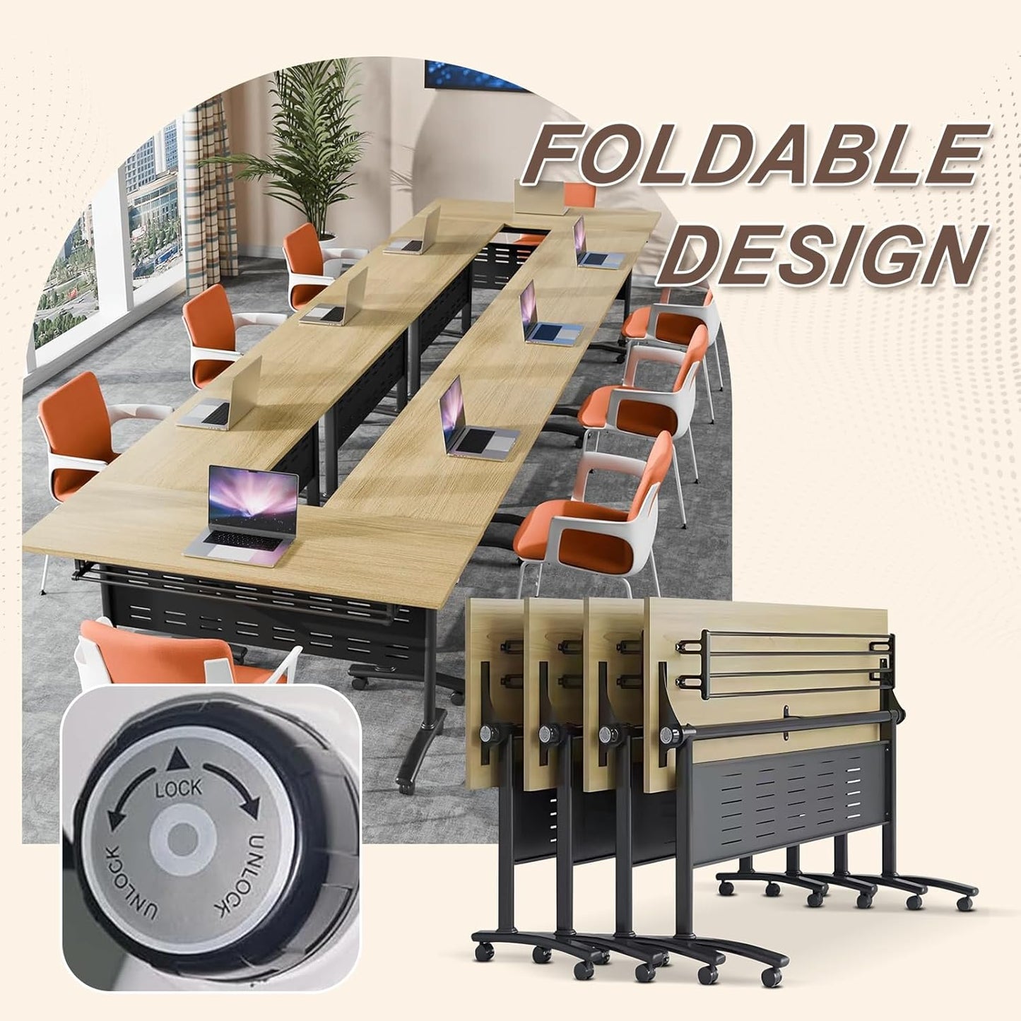 Folding Conference Room Table, Modern Conference Tables with Wheels, Large Rectangular Mobile Training Tables for Office Classroom, Foldable Modular Boardroom Seminar Table Maple (10pack L55.1in)