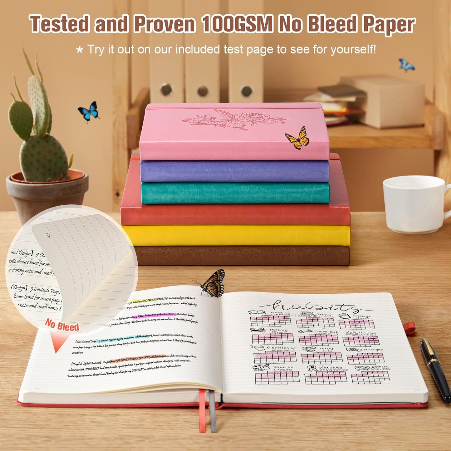 Lined Notebook Journal for Women Men, 312 Numbered Pages B5 Thick Leather Journals for Writing, Daily Diary Journal for Work School, Hardcover College Ruled Notebook, Butterfly Flower Notebook, Brown