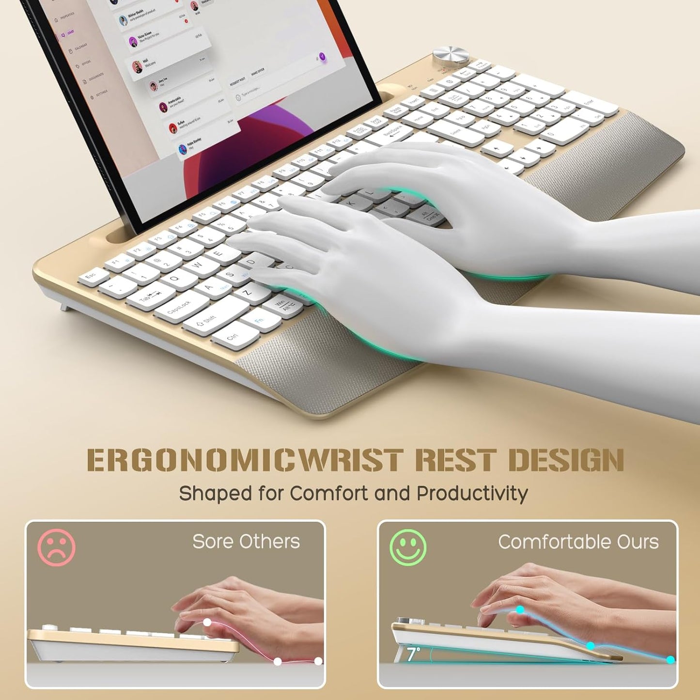 Ergonomic Wireless Keyboard with Wrist Rest-Low-Profile,Phone/Tablet Holder,Quiet Design，Windows & Mac OS，Full Size Cordless USB Computer Keyboard for Desktop,Laptop, PC, Mac, Windows-Gold