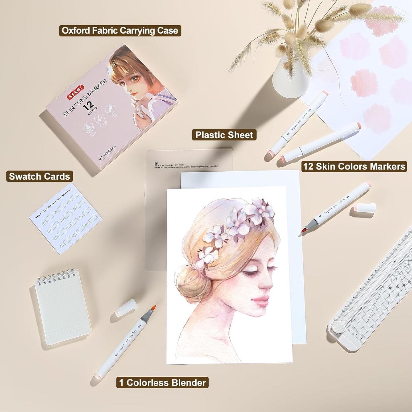 SFAIH Light Skin Tone Marker Pens 11 Colors + Mixed Color 0 - Dual Brush & Fine Tips Art Marker Set for Portraits Coloring Drawing