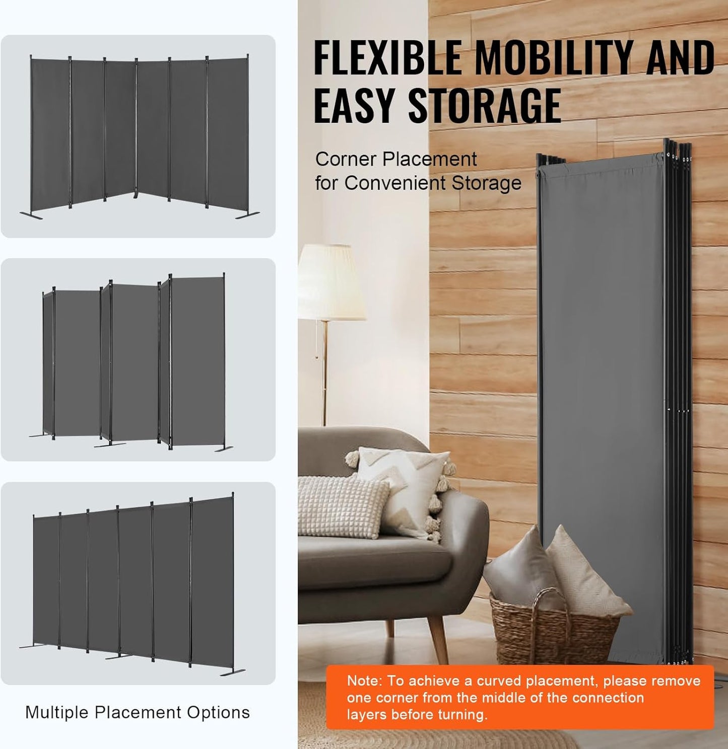 VEVOR Room Divider, 6 Panel Room Divider, Folding Privacy Screen and Portable Partition Divider for Room Separation, Freestanding Room Partitions for Office, Bedroom, Study, Grey