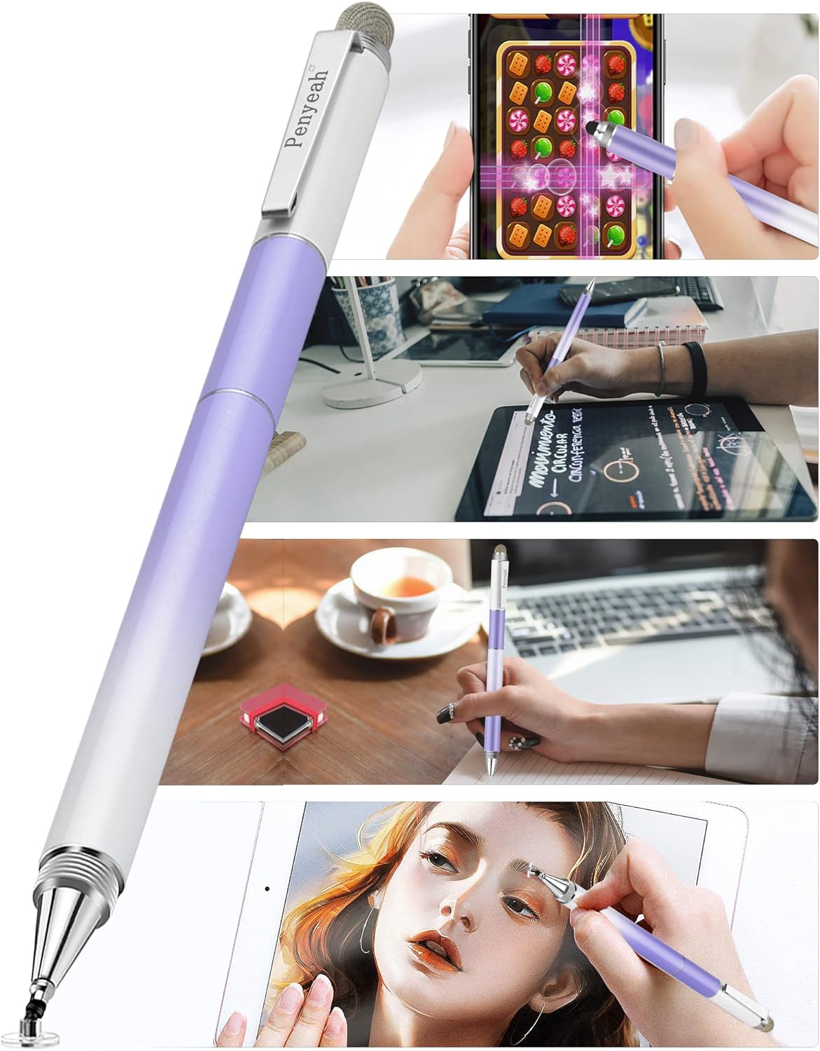 Penyeah Stylus Pen for iPad/iPhone/Android (4 in 1),Universal Touch Screen Disc Tip/Mesh & Rubber Tip Stylist Pen for All Capacitive Phones/Tablets/Laptops-Dream Purple