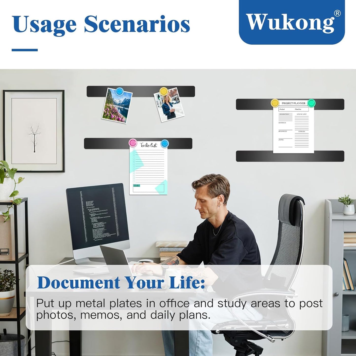 Wukong 8 Pack | 30x3cm(11.81 x 1.18) Magnetic Stainless Black Boards Strips, Adhesive Backing Bulletin Bar Board, Memo Board with 32Pcs Colorful Magnets for Office, Home, Photo Wall, Documents