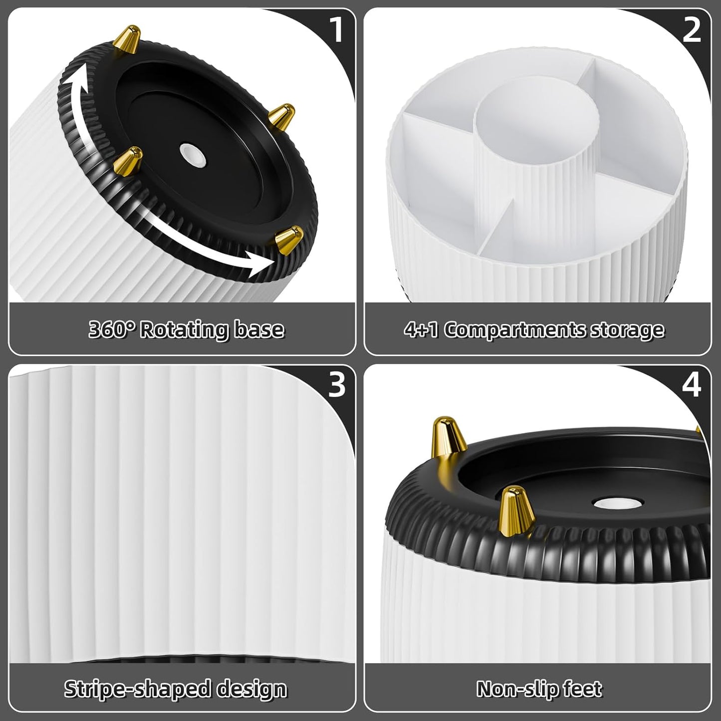 Marbrasse Desk Organizer, 360-Degree Rotating Pen Holder, Desk Organizers and Accessories with 5 Compartments Pencil Holder, Art Supply Storage Box Caddy for Office, Home (White+Black)