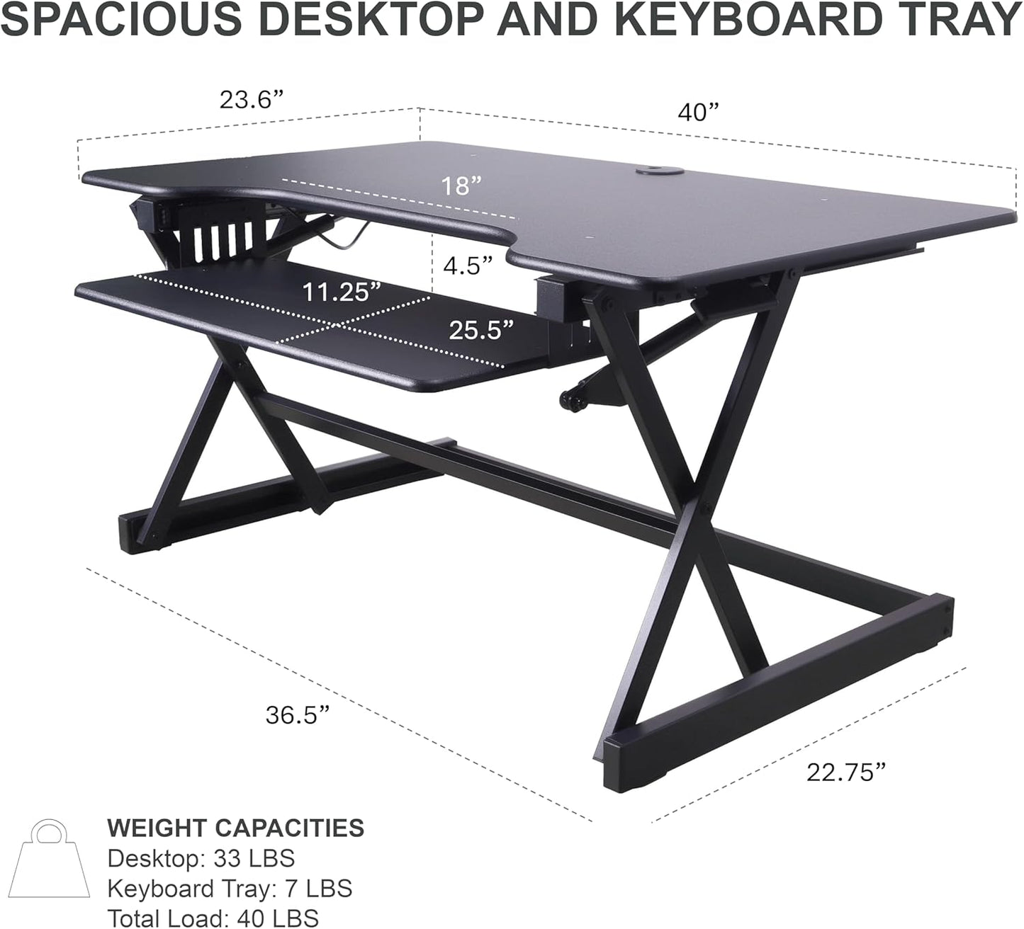 Rocelco 40" Large Height Adjustable Standing Desk with AC Outlet USB Charger and Floor Stand BUNDLE - Tall Dual Monitor Riser Computer Workstation - Keyboard Tray - Black (R DADRB-40-ACUSB-FS2)