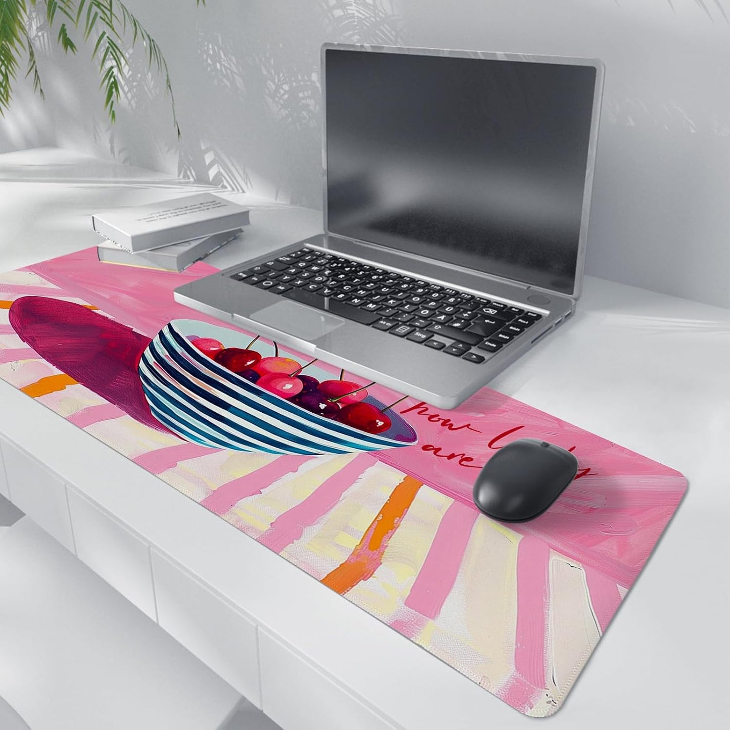 Pink Cherry Mouse Pads,Fun Girly Offices Decor Desk Mat,Pink Preppy Desk Mat,How Luck XL Large Mouse Pad,Fun Office Accessories Decor for Women Home Office Dorm 31.5x11.8Inch