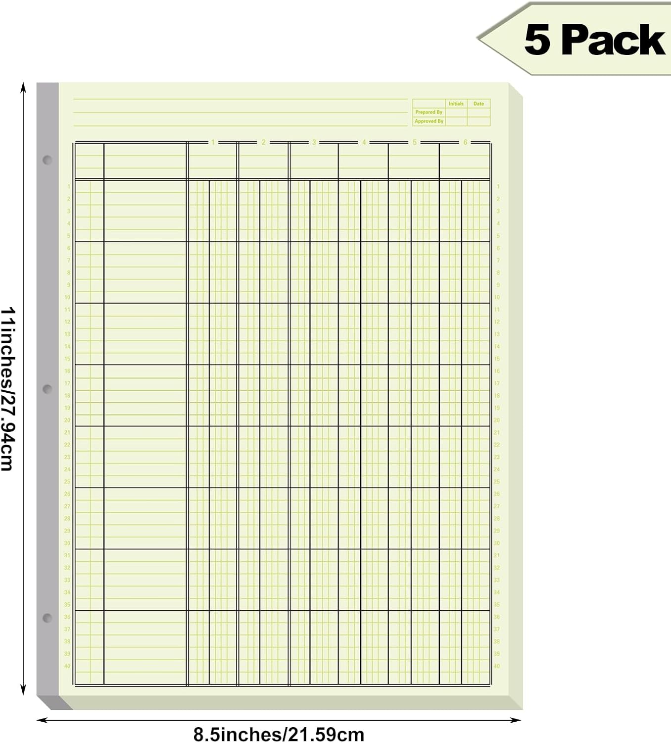 Zhanmai 5 Pack 250 Sheets Analysis Columnar Books 3 Hole Accounting Ledger Book Ledger Paper Pad Columnar Pad for Business, 50 Sheets/Pack, Single Page Format, Green(6 Columnar,8.5 x 11)