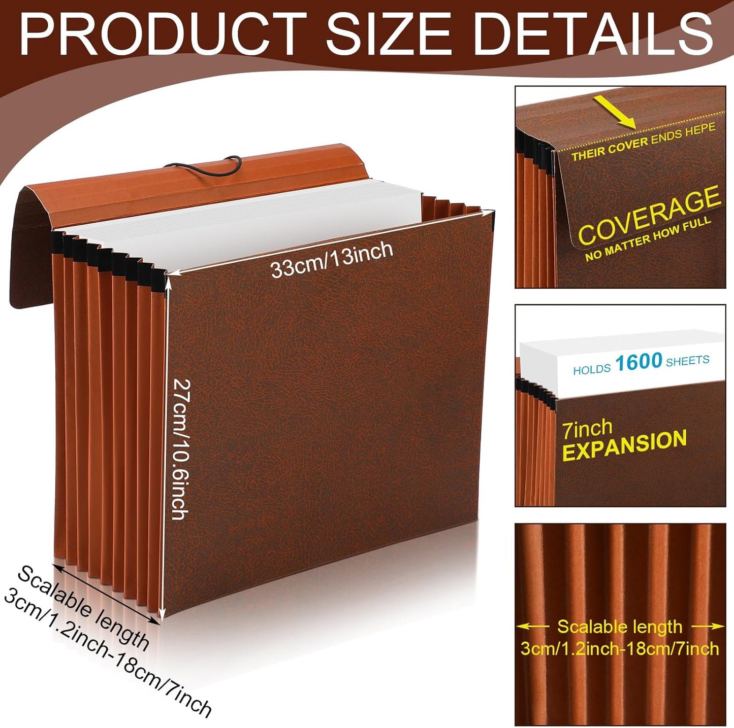 PerKoop 1 Pcs Expanding File Folder with Flap 7 Inch Expansion Expanding File Wallet with Elastic Cord Closure Letter Size Heavy Duty Document Organizer, 10 Slots, Brown