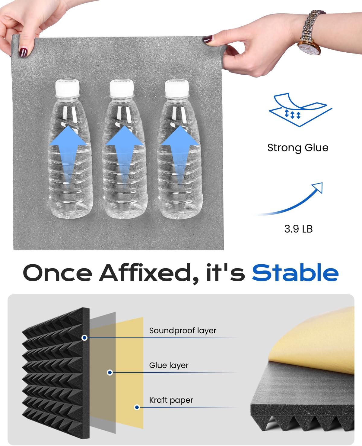 Sonicism Sound Proof Foam Panels for walls Self-Adhesive Pyramid 12 Pack,12" X 12" X 1" Acoustic Panels,35kg/m³High Density Soundproof Wall Panels Fast Expand,Sound Absorption&Decoration,Black/Gray