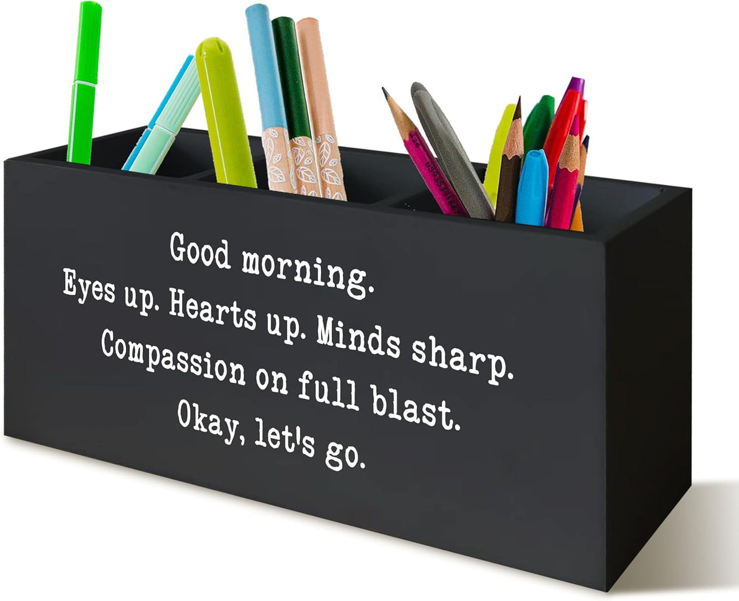Positive Black Pen Holder for Desk, Inspirational Desk Decor, Funny Gifts for Coworkers Women Men Wooden Pen Pencil Holder Organizer for Office Accessories