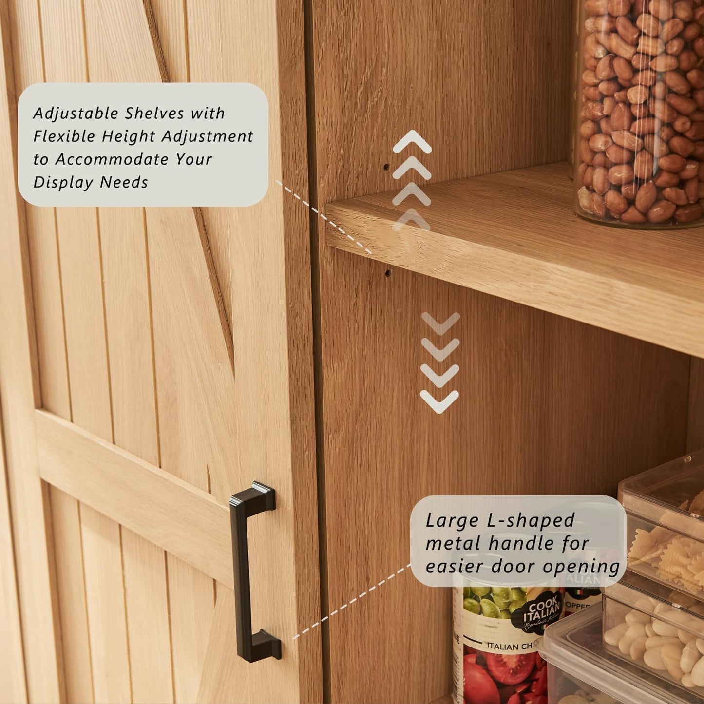 72” Tall Farmhouse Bookshelf, 32” Wide Large Wooden Bookcase w/Sliding Barn Door, 5-Tier Storage Cabinet with Adjustable Shelves, Modern Versatile Cabinet for Living Room, Offices, Natural Oak