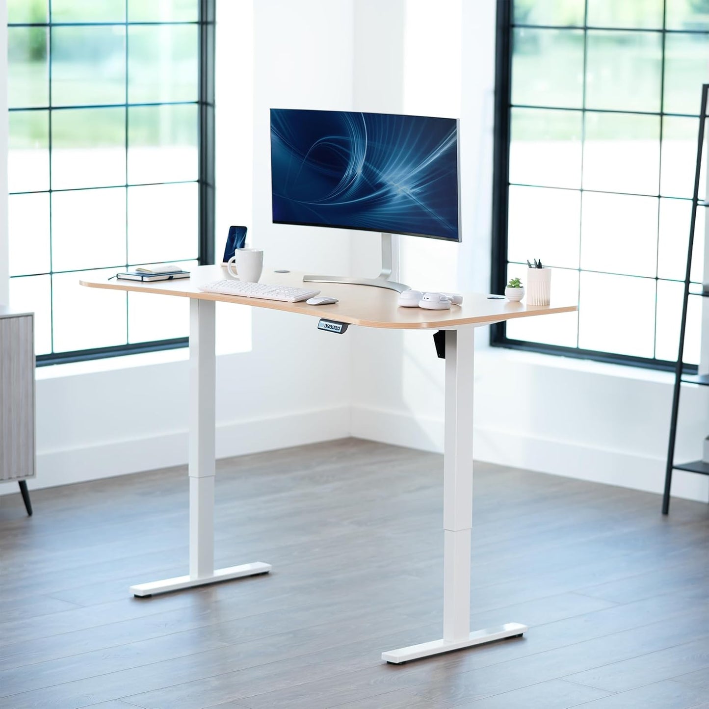 VIVO Electric 63 x 32 in Standing Desk, Memory Height Adjustment, 1B Series, Light Wood Top White Frame, DESK-KIT-1W1C