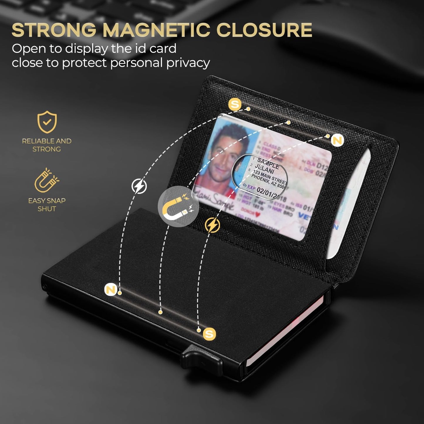 Slim Card Wallet for Men with ID Window – Minimalist RFID Wallet, Pop-Up Function, Ultra Thin Design, Metal Business Card Case Holds 8+ Cards, Gifts for Men, Men's Accessories