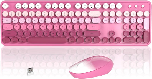 Colorful Wireless Keyboard and Mouse Combo, COVEVA 2.4GHz Wireless Retro Cute Round Keycaps Keyboard, 104 Keys Full-Sized Keyboard Mouse Set with Switch Button for PC Laptop Desktop (Pink Gradient)