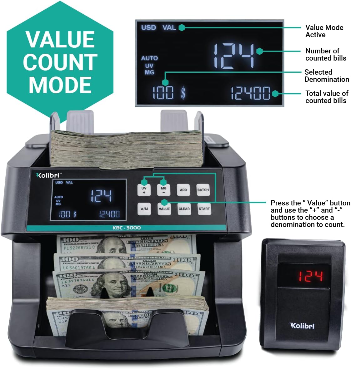 KOLIBRI Money Counter Machine, KBC-3000 with UV/IR Counterfeit Detection – Top Loading Bill Counting Machine w/ValuCount, Add and Batch Modes – Fast Speed 1,200 Notes/Min