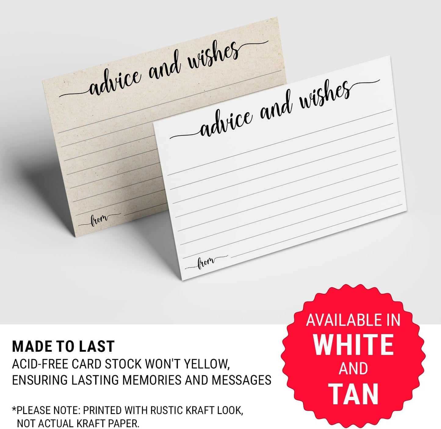 321Done Advice and Wishes Cards, Made in USA - 4x6 Kraft Tan, Blank Well Wishes for Wedding, Bridal, Mr and Mrs, Retirement, Baby Shower, Words of Wisdom - Pack of 50