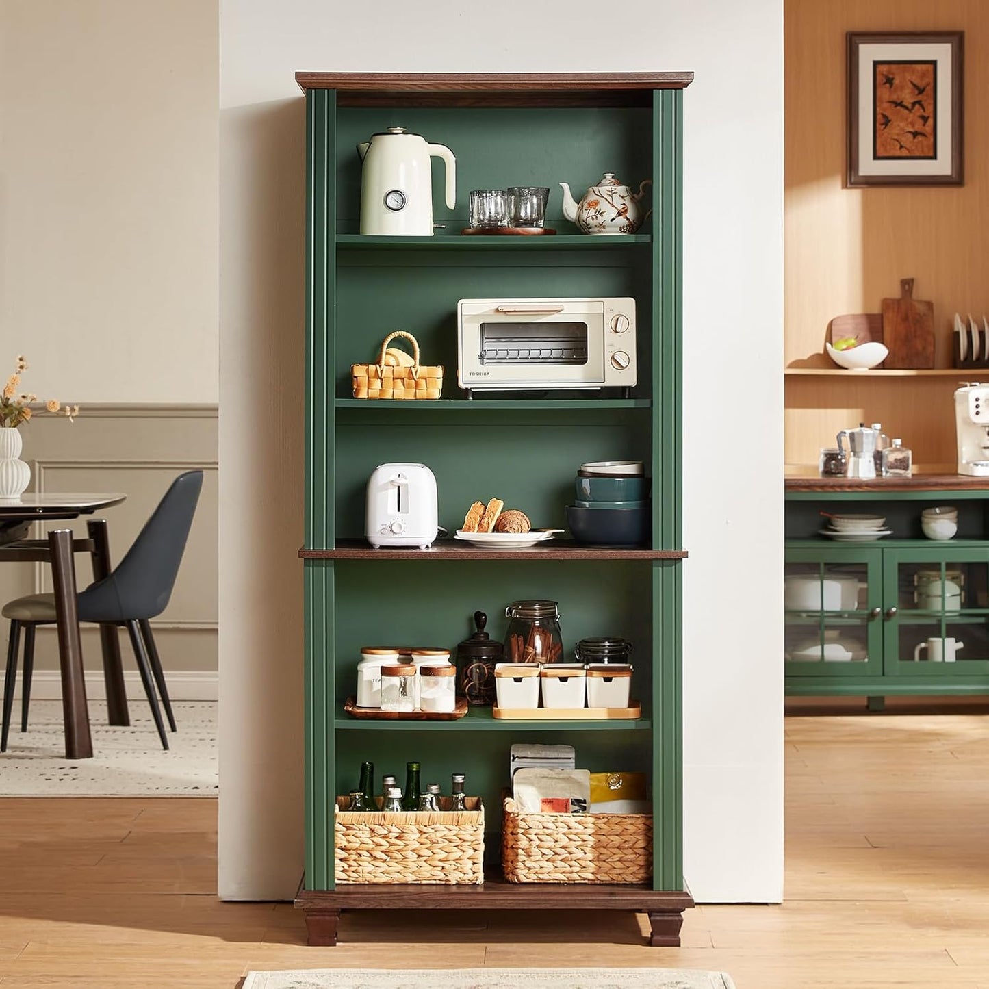 70" Tall Green Bookshelf,5 Tier Wooden Book Shelf with Adjustable Shelves & Wood Legs,Free Standing Farmhouse Bookcase with Open Display Storage,Vintage Bookshelves for Library, 2PCS