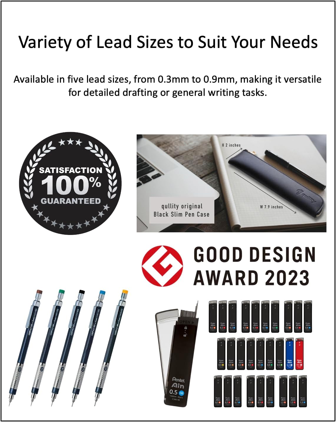 Graphlet Mechanical Drafting Pencil + Ain HB/B/2B leads, original Black slim pen case (0.9mm)