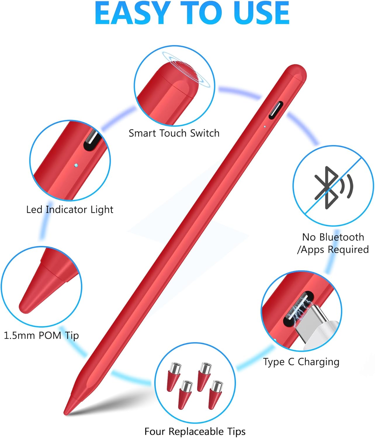 DRYMOKINI Stylus Pen for Touchscreen, Active Stylus Pen Compatible for Android and iOS Tablet/Phones, Rechargeable Universal Stylist Pencil Compatible for A-pple/i-Pad/Phone Tablet, Red