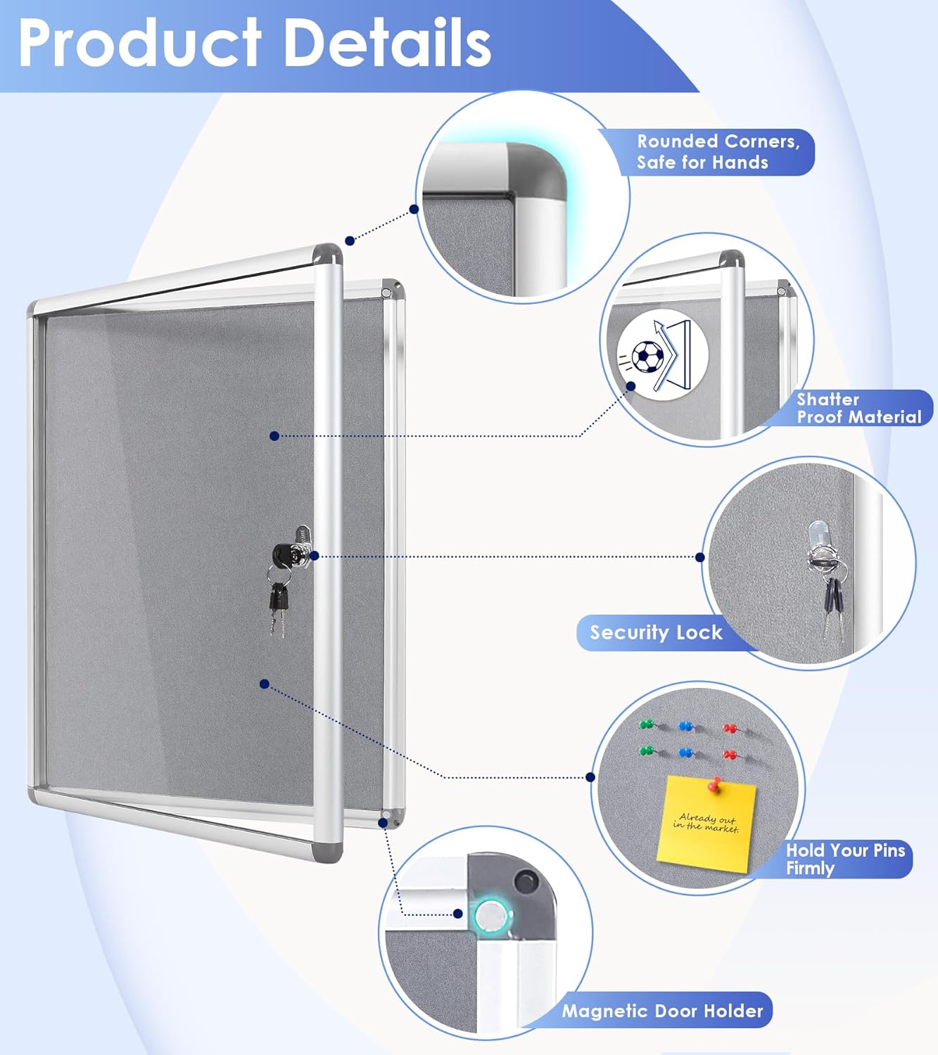SWANCROWN Enclosed Bulletin Board Lockable Noticeboard Case with Aluminium Frame,Grey Felt, 20x14inch (2xA4)