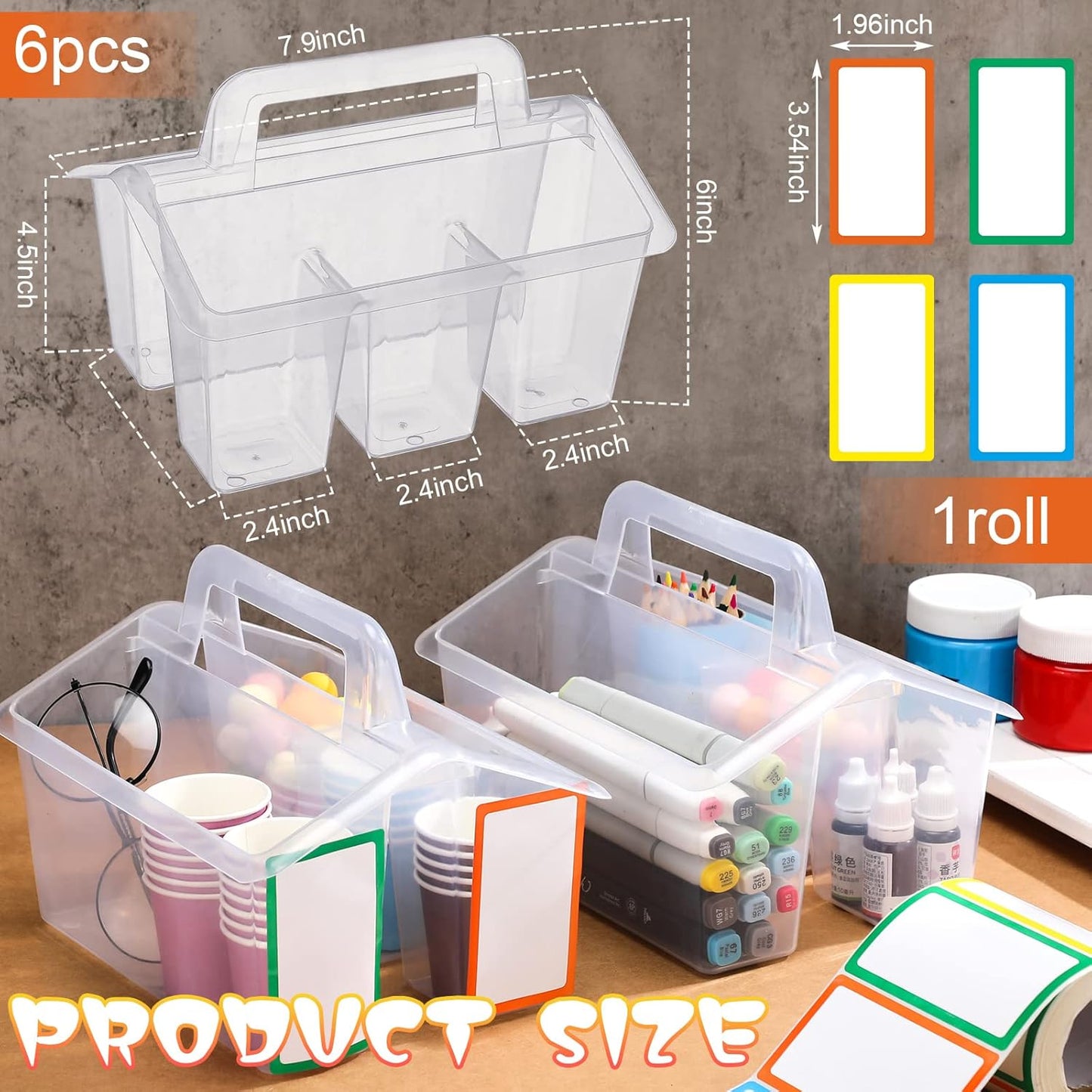 Maitys Classroom Storage Caddies with 4 Compartment Portable Plastic Storage Caddy Organizer with Built in Handles and Colorful Stickers Crayon Caddy Small Utility Caddy for Classrooms Office (6 Pcs)