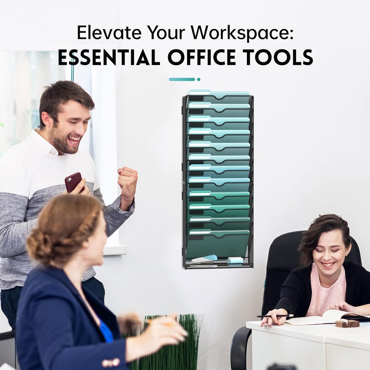 SUPEASY 13-Tier Wall File Organizer, Hanging Wall Files for Papers, Folders, Magazines, Wall Organizer for Clipboard, Assembly Needed, Black