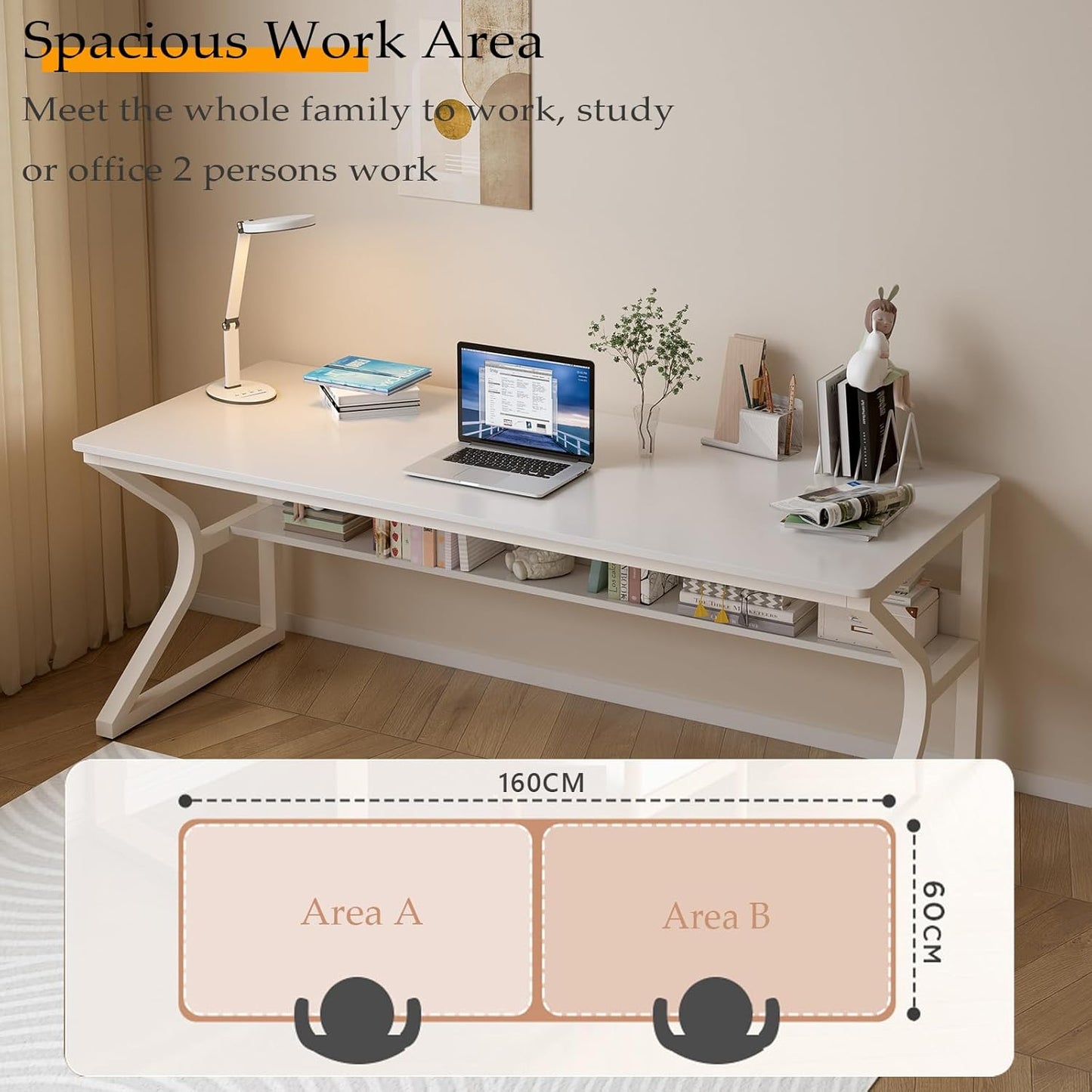 Extra Long Desk with Bookshelf - 63" Double Long Writing Table for 2-Person Workstation, Modern Study Work Computer Desk for Home and Office, Warm White