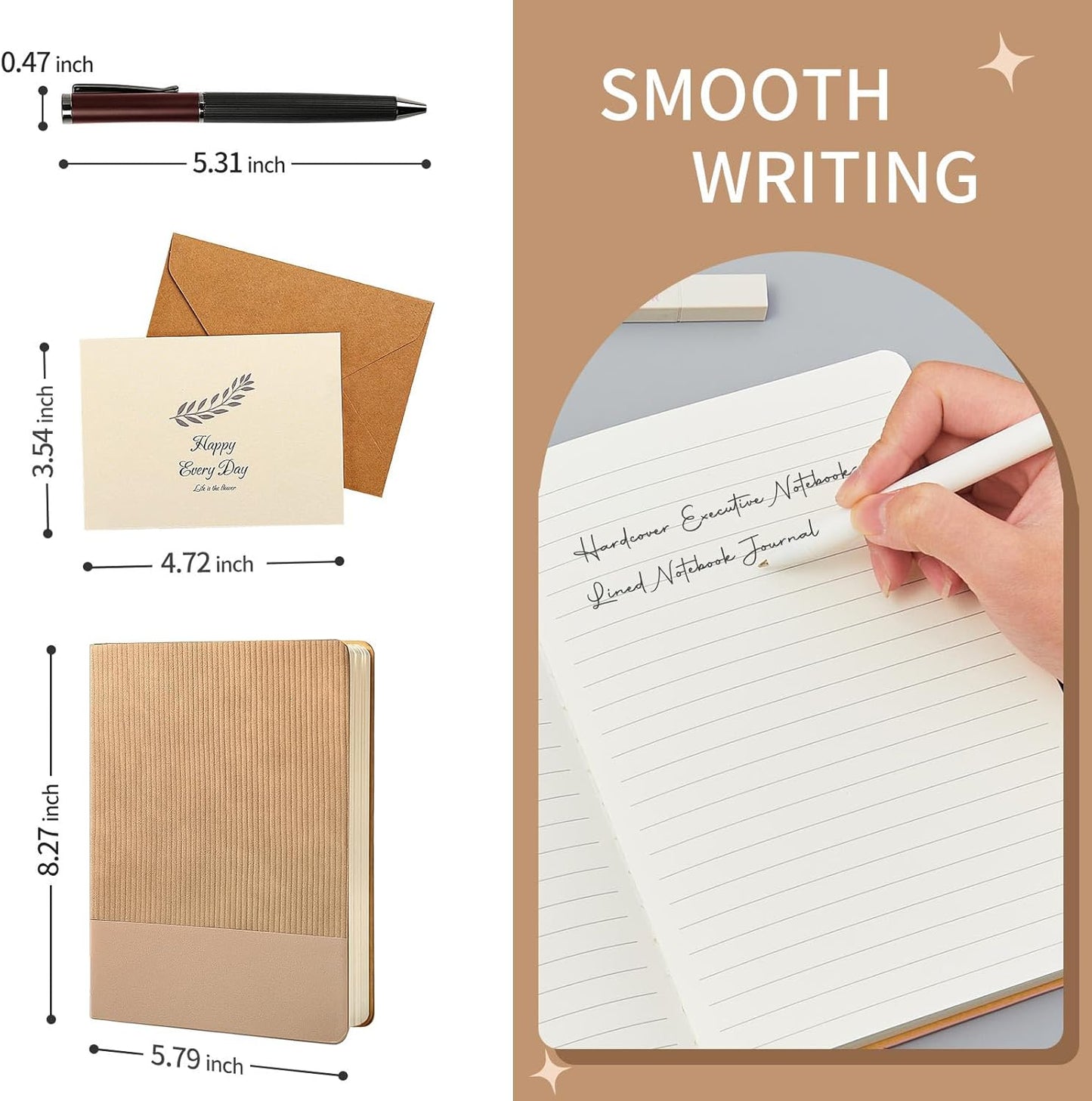 TSFPapier A5 Lined Notebook with Pen & Gift Box 216 Pages PU Leather Journals for Women Men 100GSM Thick Paper College Ruled Notebook for School,Travel,Business,Work,Home Writing (A5 Lined 216pages, Khaki - Gift Box Set)