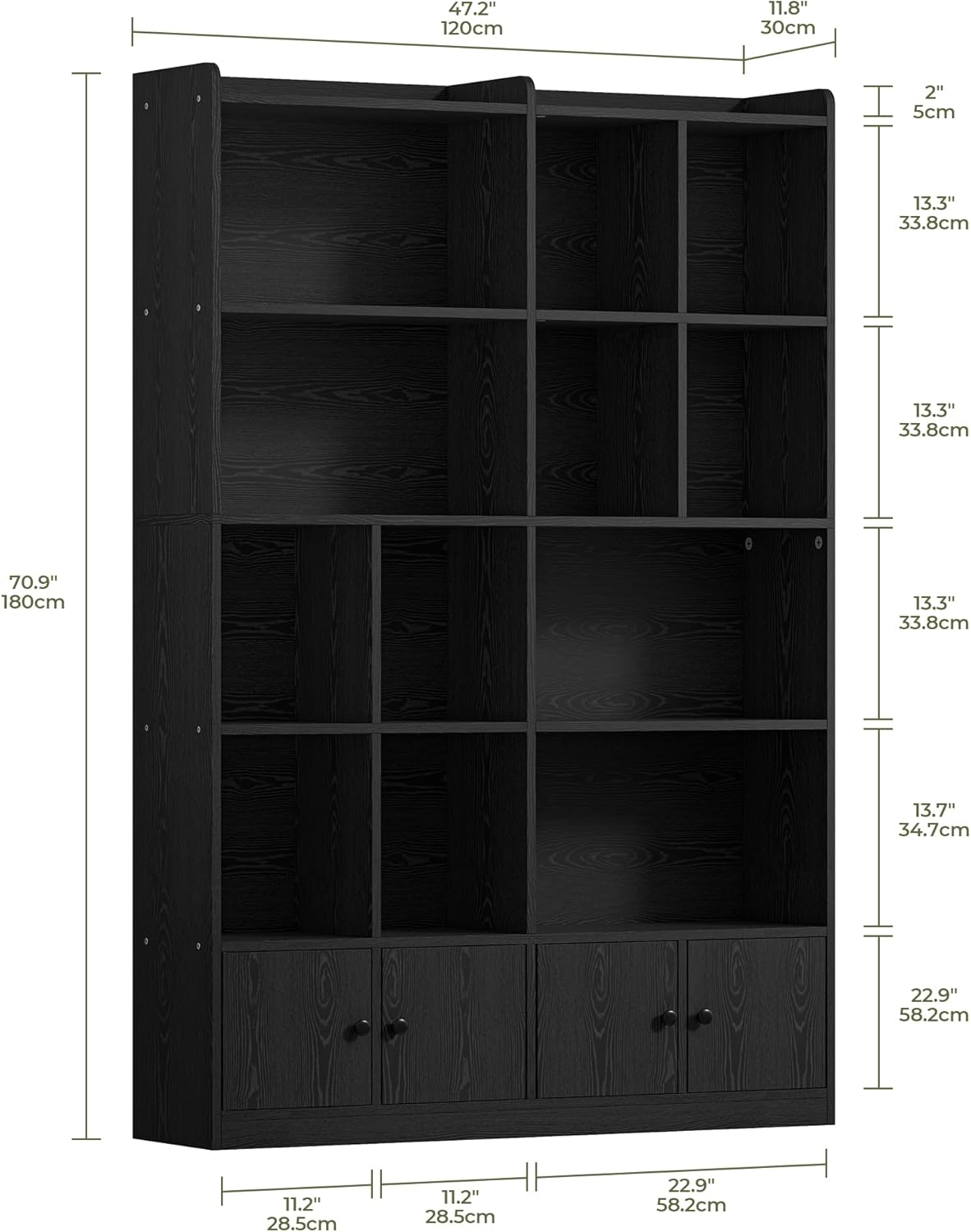 IRONCK Bookshelves and Bookcase, 6 Tiers Large Bookshelf with 4 Doors, Floor Standing Tall Display Storage Shelves for Home Office, Living Room, Bedroom, Black