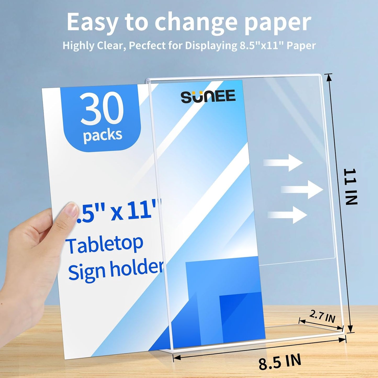 SUNEE 30 Packs Clear Plastic Sign Holders for 8.5x11 Paper, Vertical L-shape Frame for Displaying Signs and Menus