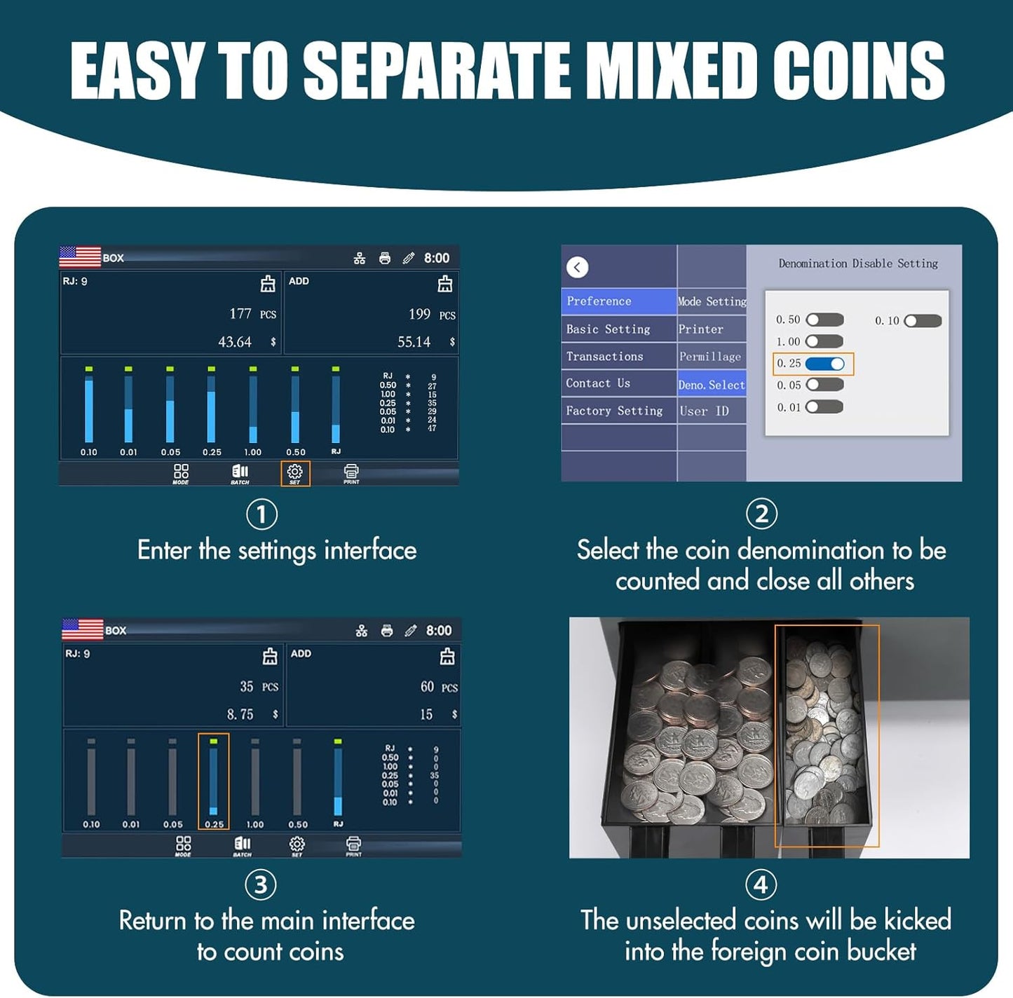 NUCOUN C200 Coin Counter Bank Grade, Heavy Duty 3-Pocket USD Coin Sorter,4.3-inch Touch Screen,High Speed 610 Coins/min, Printer Enable, Two-Year After Service