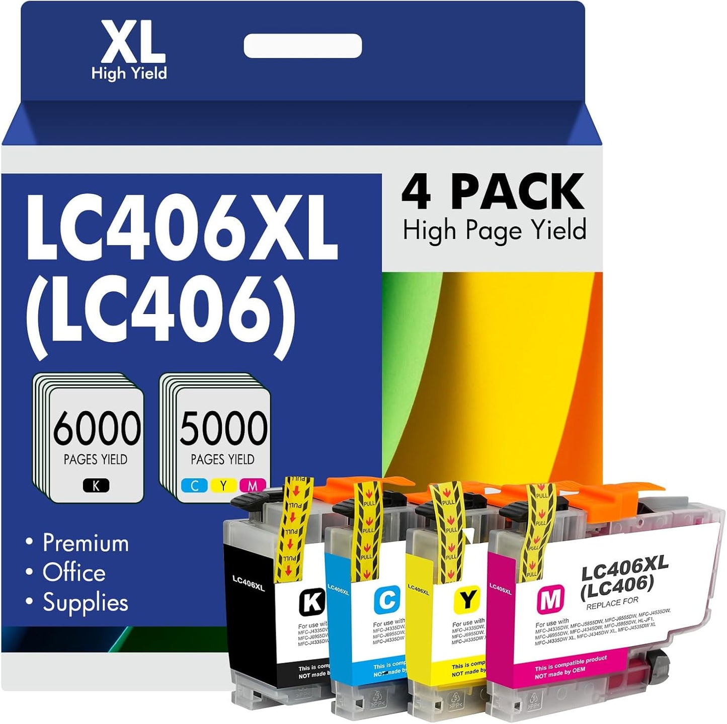 LC406 LC406XL Ink Cartridges for Brother Printer 406XL LC 406 XL for MFC-J4335DW MFC-J5855DW MFC-J6555DW MFC-J4535DW MFC-J6955DW MFC-J4345DW MFC-J5955DW - 4 Pack High Yields Black Cyan Magenta Yellow