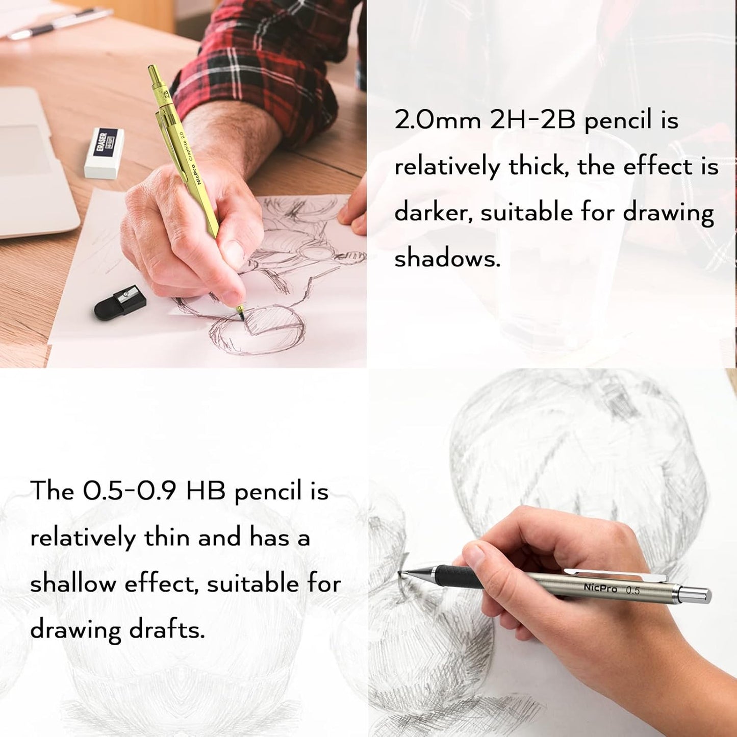 Nicpro Gold Art Mechanical Pencil Set, Metal Drafting Pencil 0.5, 0.7, 0.9mm & 2mm Lead Holder(2B HB 2H) For Sketching Drawing With Lead Refills Case